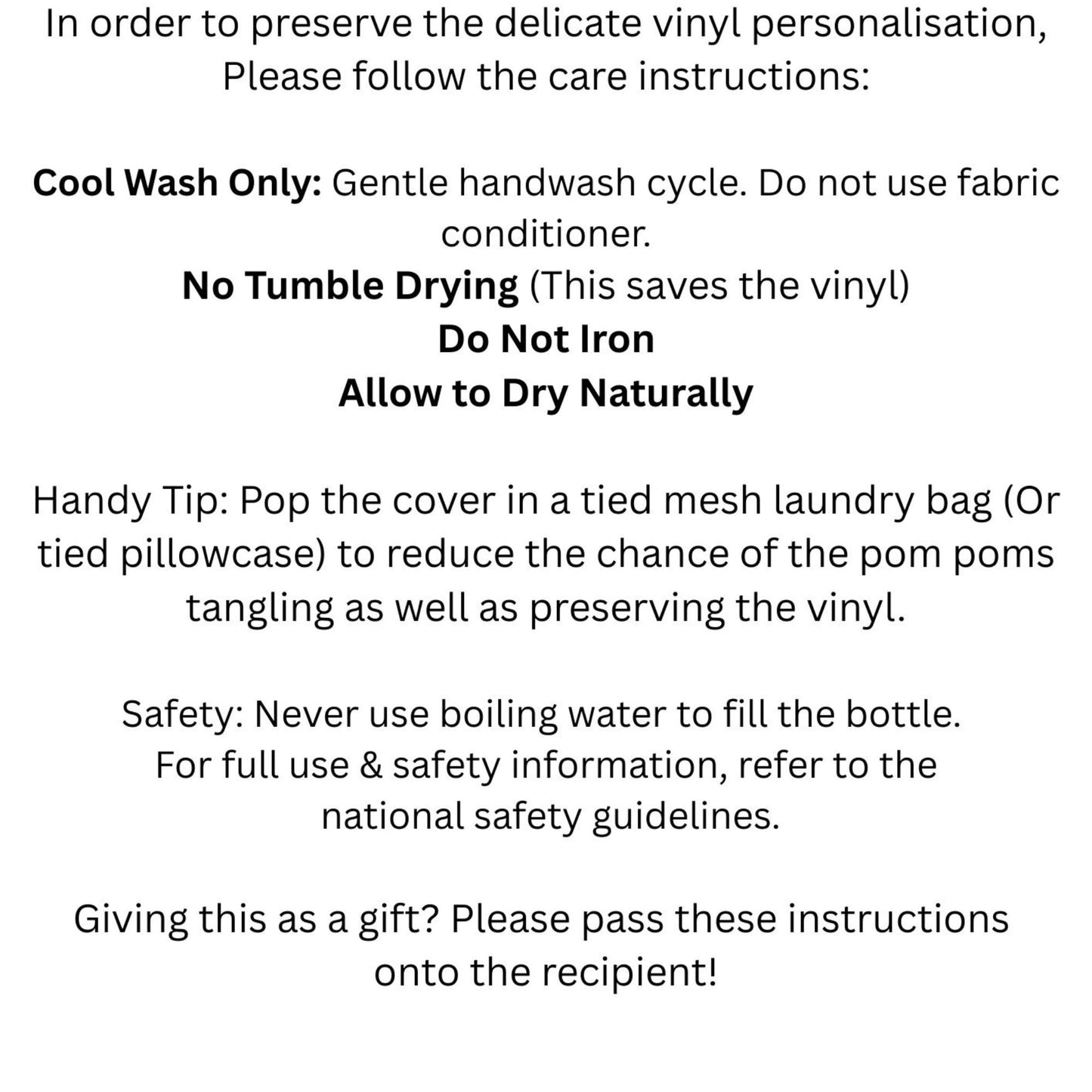Care instructions for personalised vinyl hot water bottle cover. Includes a washing & safety guide on a white background