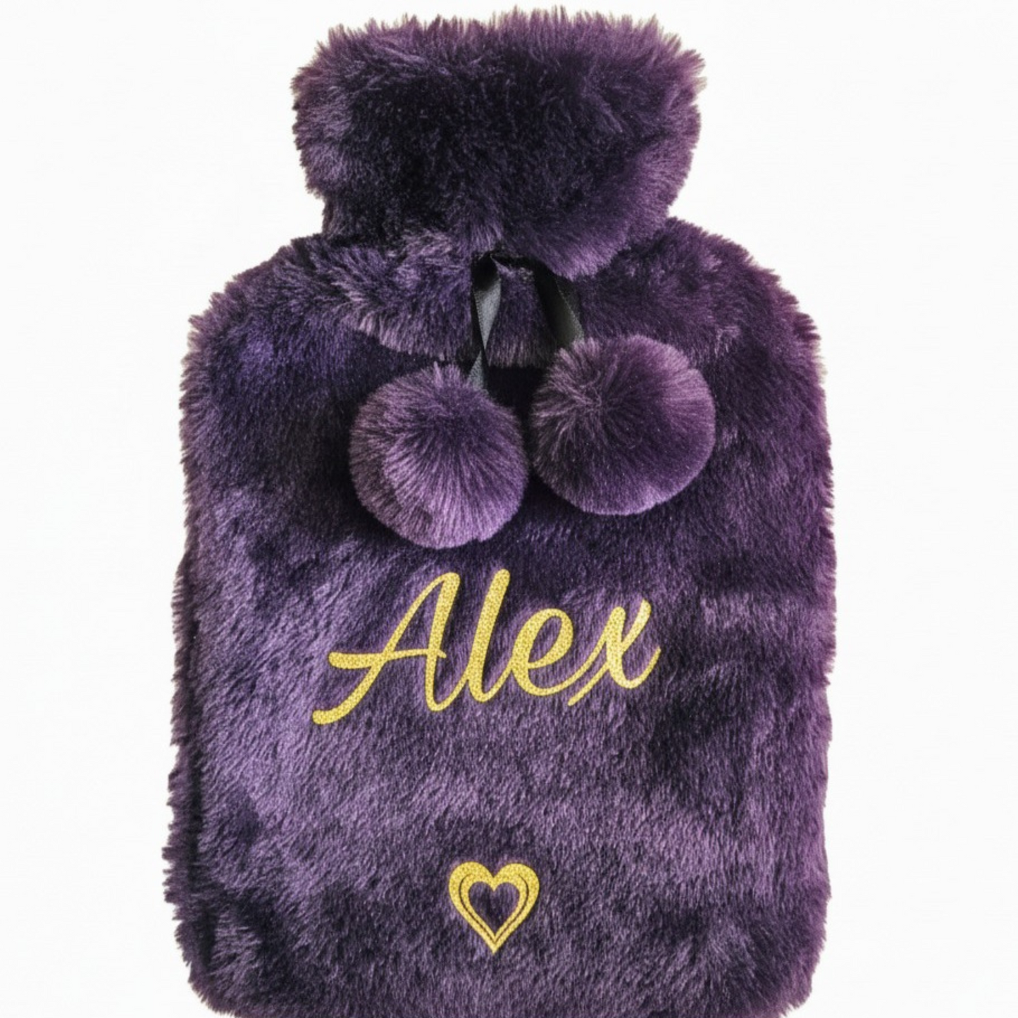 Purple fluffy faux fur hot water bottle with 'Alex' & heart feature in a gold glitter vinyl on a white background
