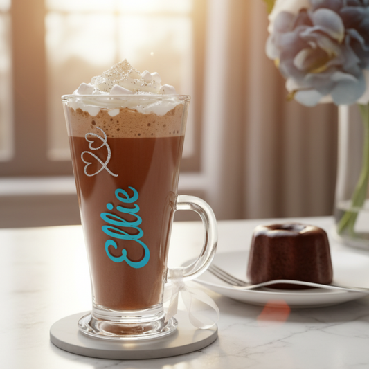 Glass of hot chocolate with whipped cream with the name 'Ellie' & silver glitter heart decoration served with a dessert on a table.