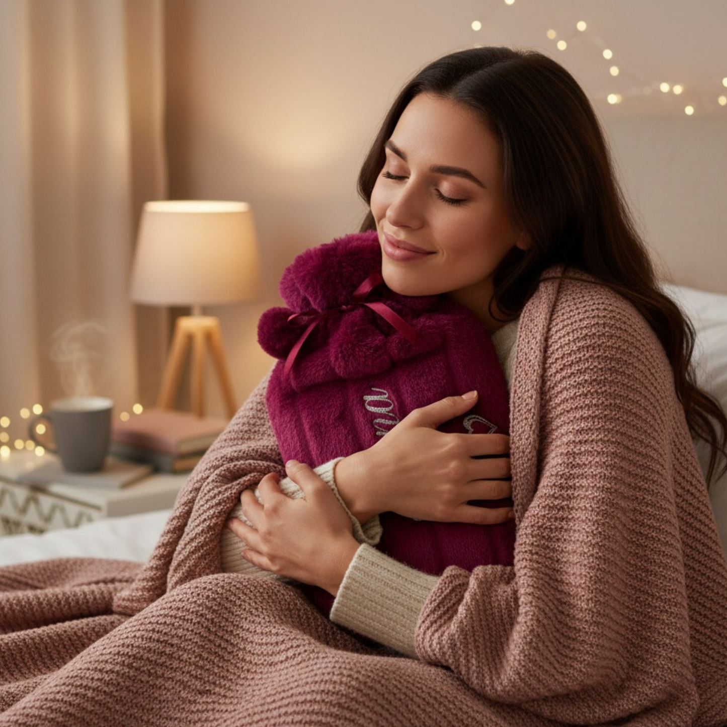 Woman wearing a pink blanket around her shoulders cuddling a plum hot water bottle with pom poms in a cosy room