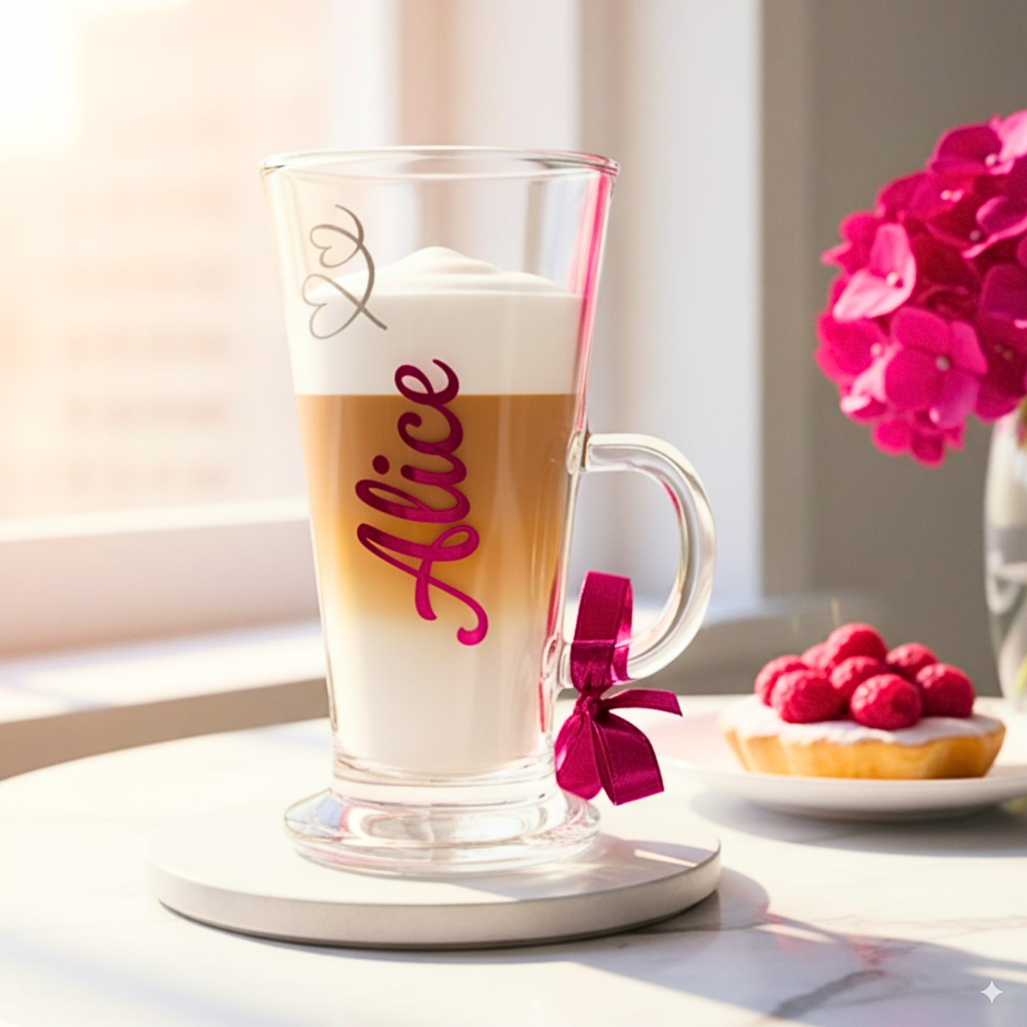 Glass latte mug with the name 'Alice' & silver glitter heart feature on a white surface with pink flowers and berries in the background