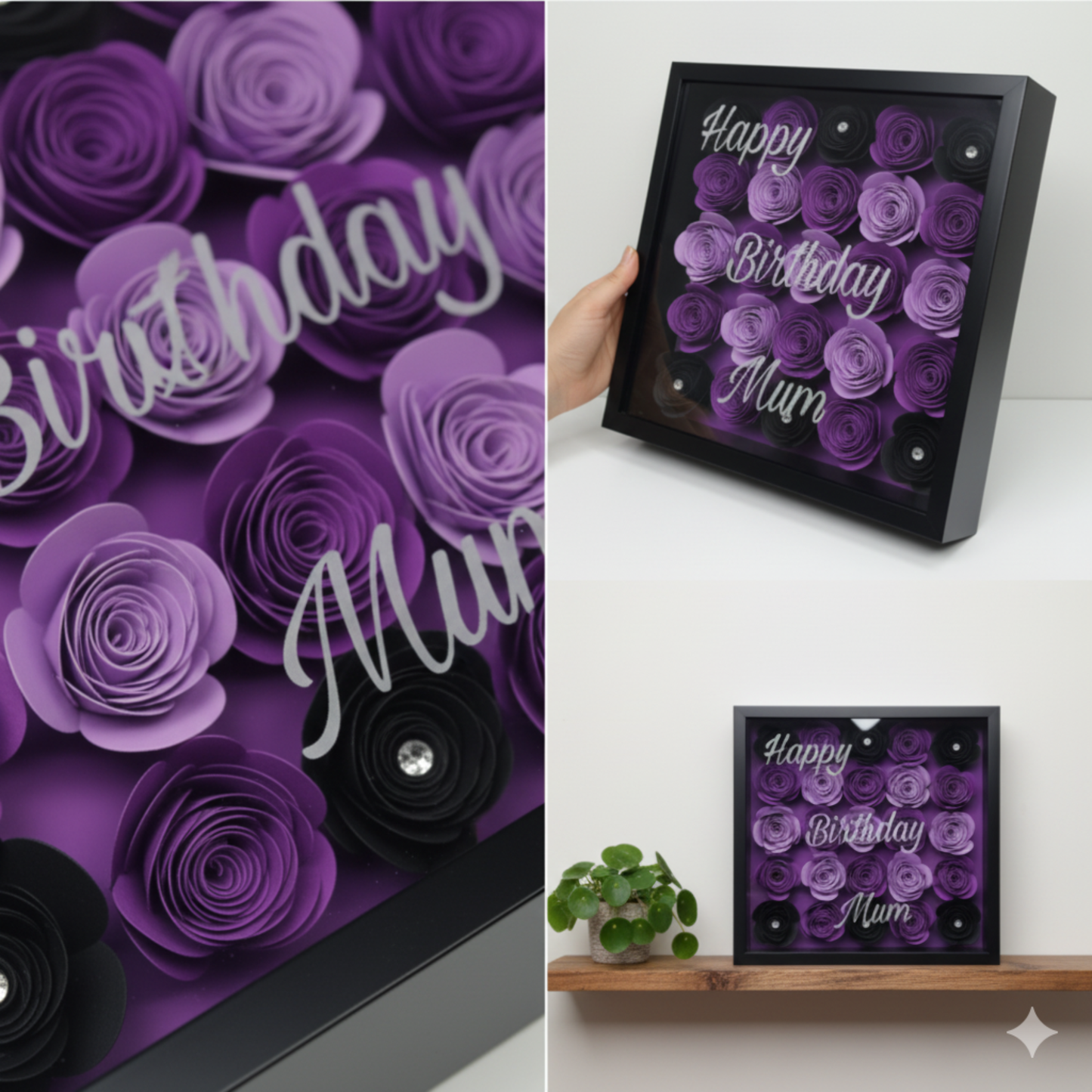 Personalised shadow box in a collage of purple & black paper flower arrangements in black frames with 'Happy Birthday Mum' text on a white background.