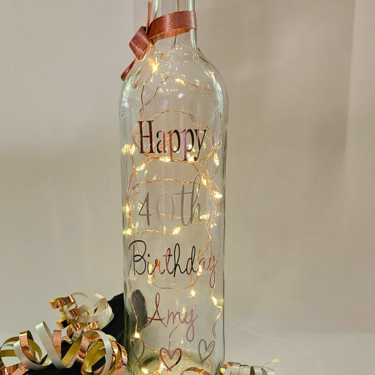 Personalised 40th Birthday LED Light Up Bottle | Keepsake For Milestones | Custom Gift For Her.