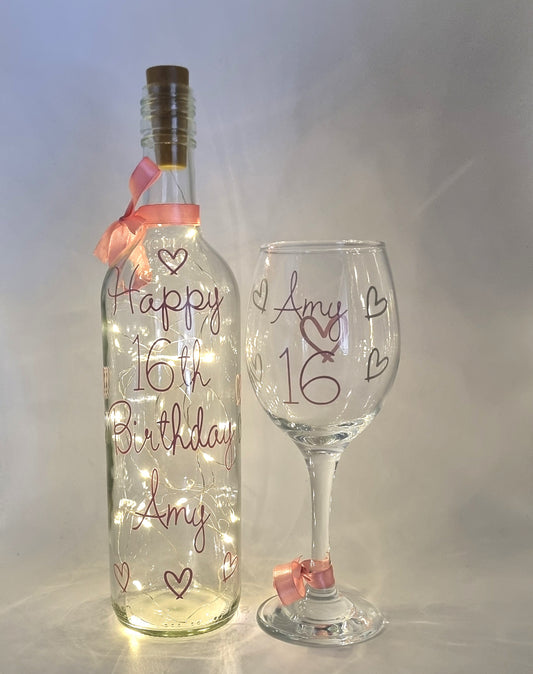 Personalised LED Light Up Bottle with Wine Glass Gift/Any Occasion Gift For Her