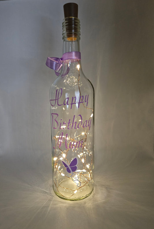 LED light-up bottle, bespoke with personalised message, a lavender butterfly decoration, perfect birthday gift for mum