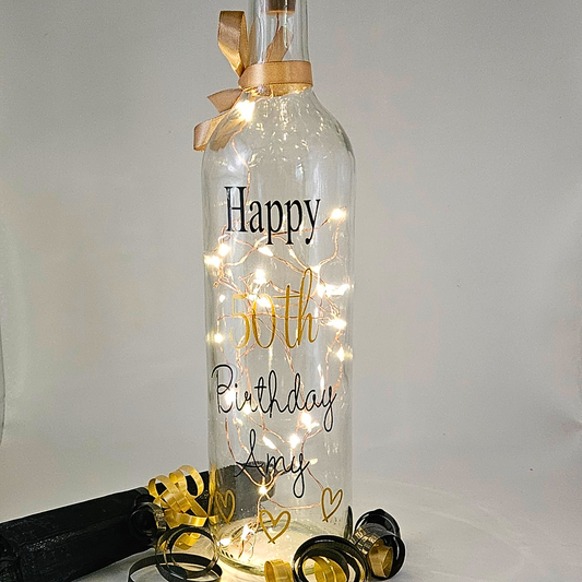 Personalised 50th Birthday LED Light Up Bottle | Keepsake For Milestones | Custom Age Gift For Her.