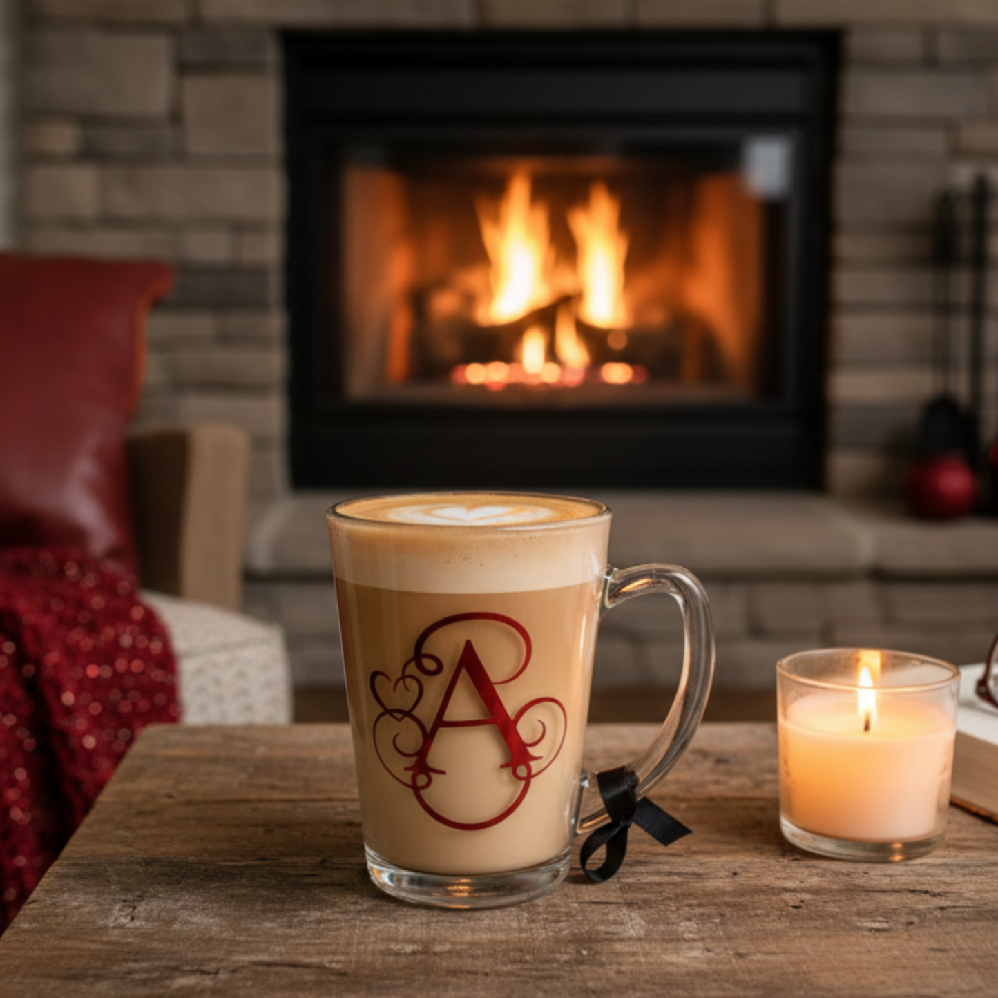 Cappuccino with a logo in front of a fireplace