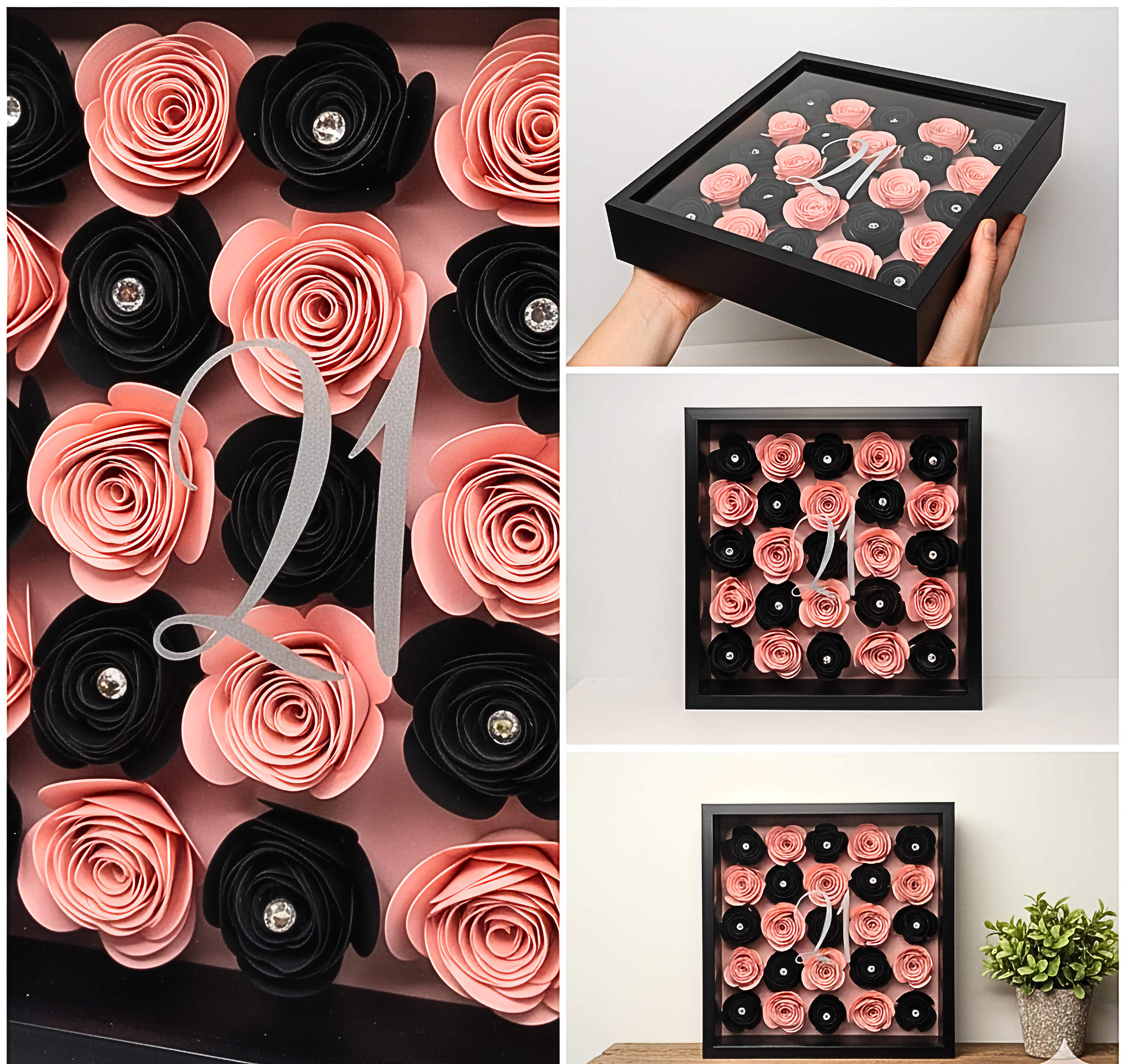 Decorative shadow boxes with pink and black rose arrangements and number '21' on the front