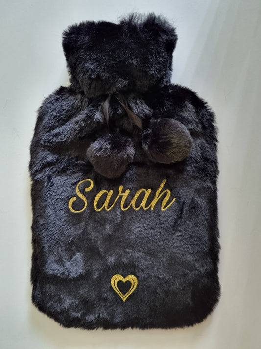 Personalised hot water bottle gift for her  , with luxury removeable faux fur cover & pom poms