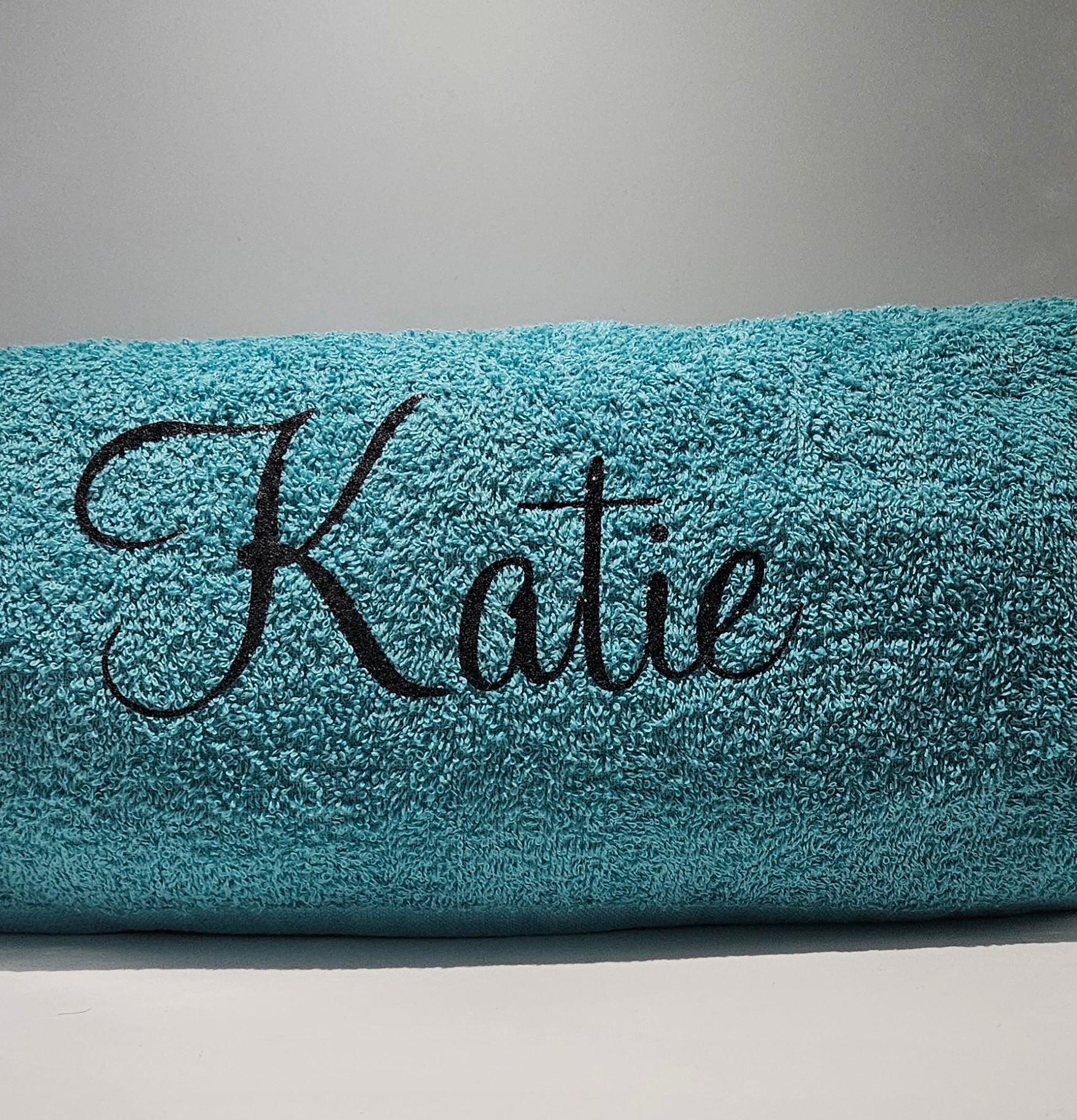 Lightweight beach towel, cotton deck chair size, personalised with premium glitter HTV vinyl.