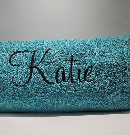 Lightweight beach towel, cotton deck chair size, personalised with premium glitter HTV vinyl.