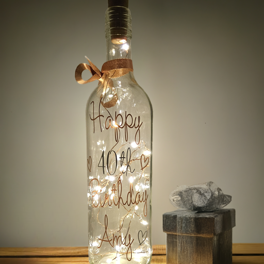 Personalised LED Light Up Bottle Custom Made For Any Occasion. Decorated in Rose Gold & Silver Accents. 