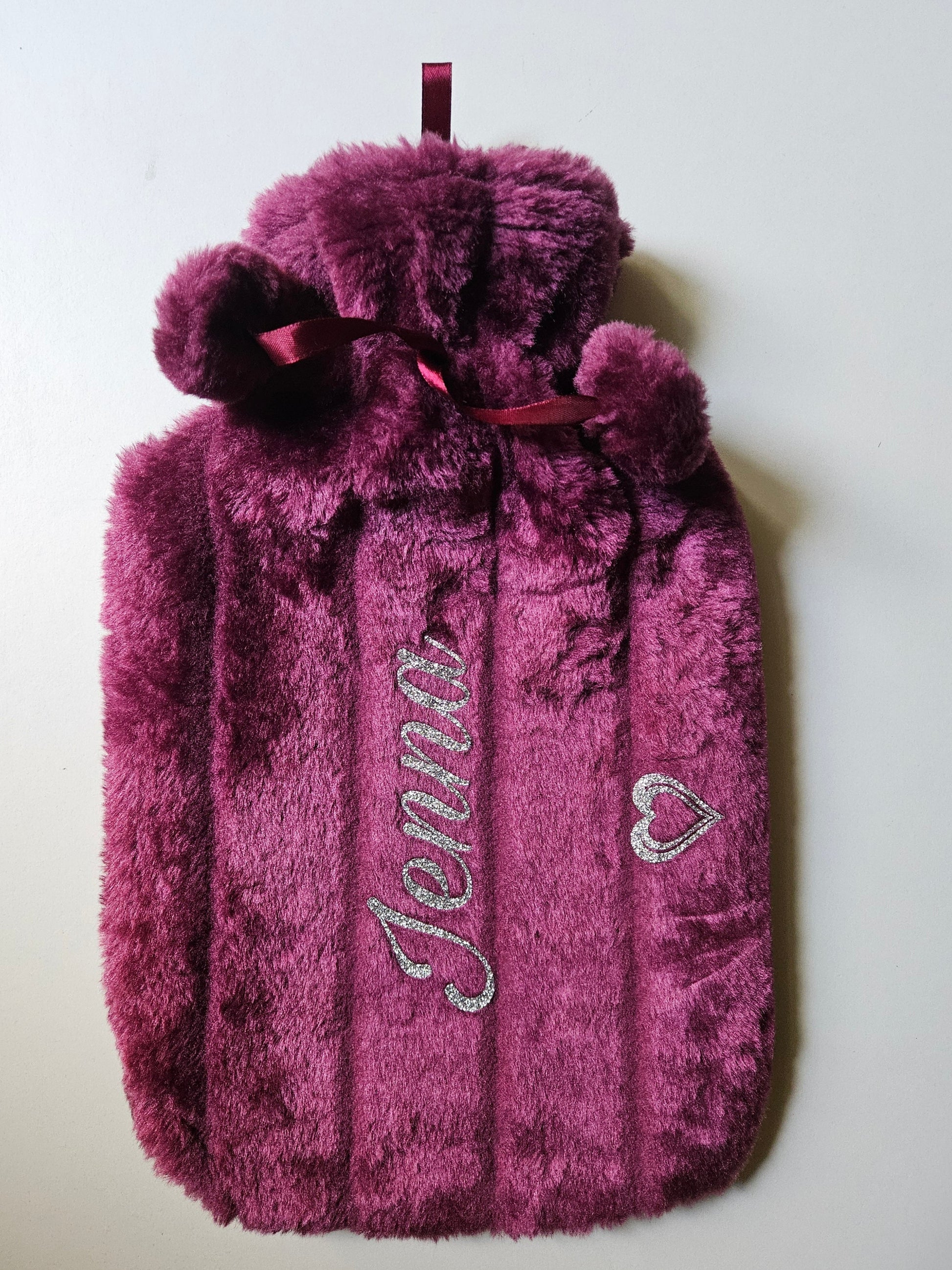 Personalised Custom Hot Water Bottle With Luxury Faux Fur Plum Covers Gift For Her