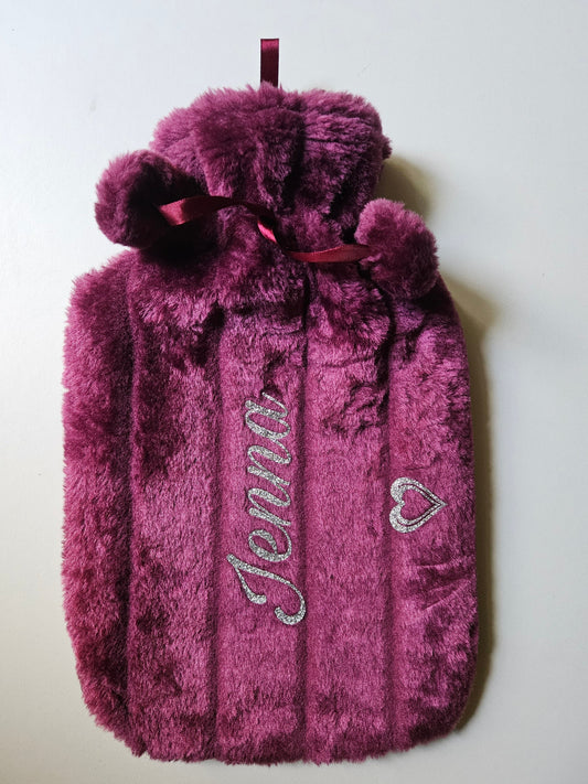 Personalised Custom Hot Water Bottle With Luxury Faux Fur Plum Covers Gift For Her