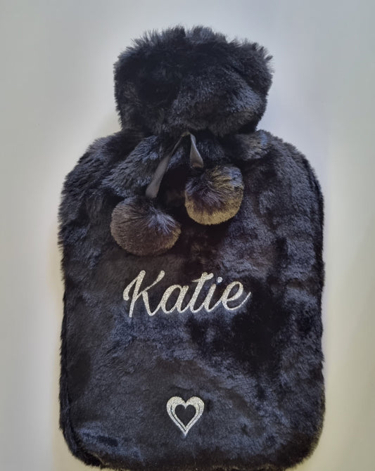 Luxury hot water bottle, personalised with plush removable faux fur cover.