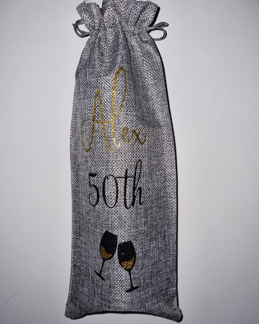 Bespoke personalised wine bottle gift bag, eco-friendly burlap in a stunning HTV glitter vinyl, a luxury gift, perfect for any occasion, making bottles of wine and bubbly feel extra special