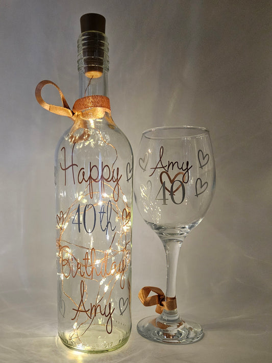 Personalised Light Up Bottle Rose Gold & Wine Glass Gift Set For Any Occasion