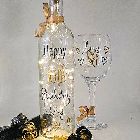 Personalised LED Light Up Bottle Set | Milestone Birthday Keepsake | Custom Age Gift For Her.