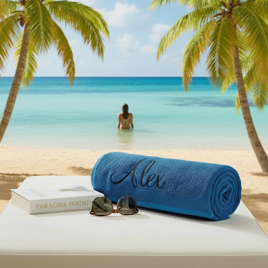 Blue towel with 'Alex' name on a table by the beach