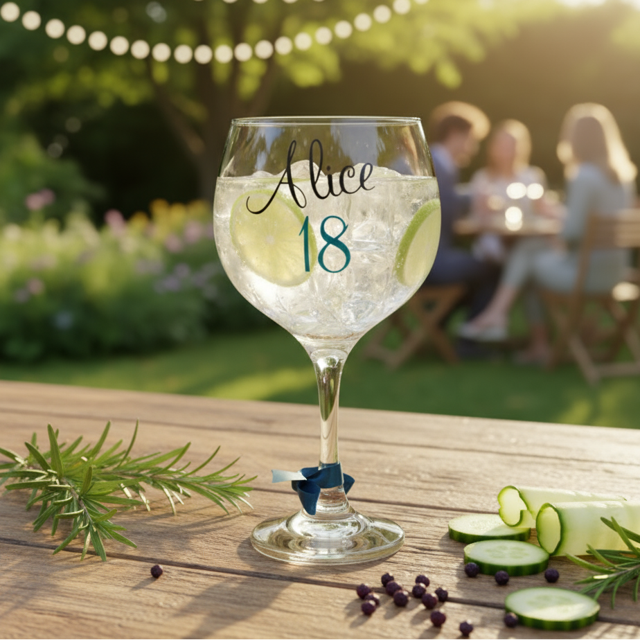 A clear glass sat on a garden table next to cucumber slices with a fairy lights background