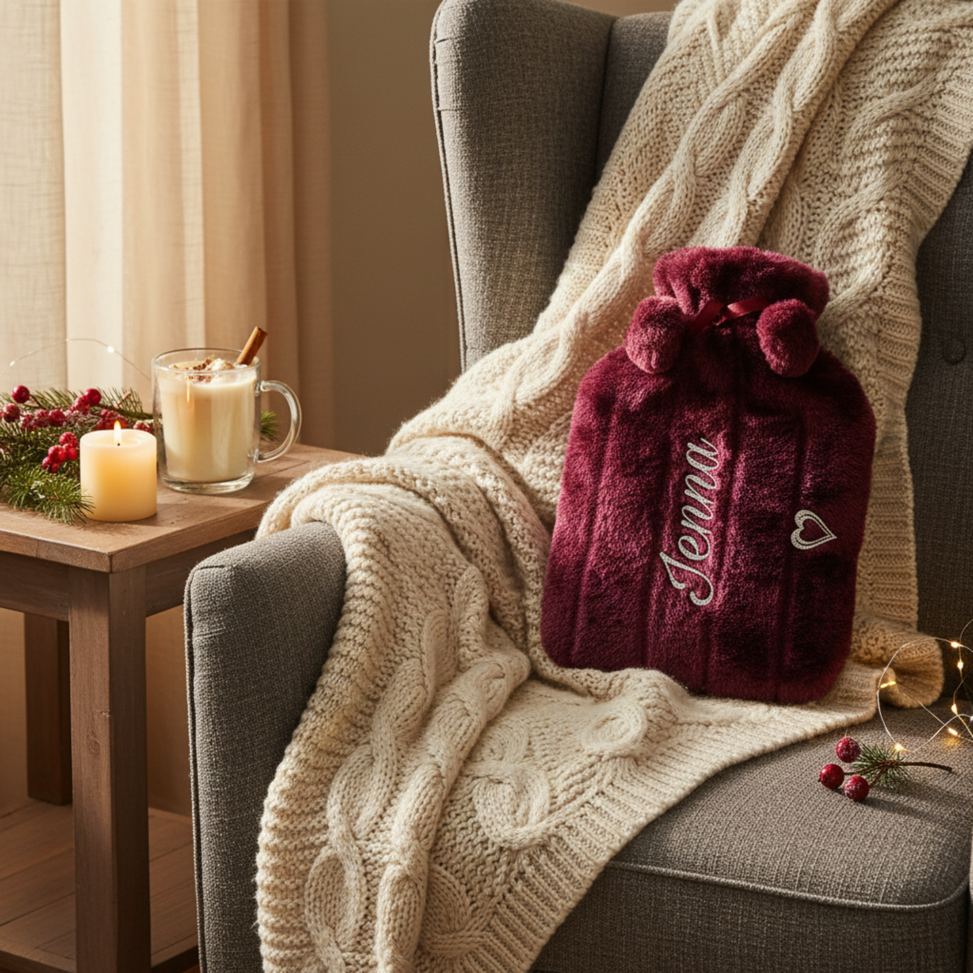 Mauve hot water bottle with 'Jenna' on a cozy armchair with a blanket and candles.