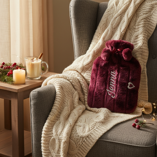 Mauve hot water bottle with 'Jenna' on a cozy armchair with a blanket and candles.