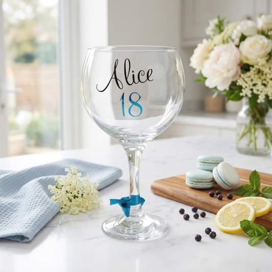 Personalised balloon gin glass with the name 'Alice' in a flowing script font designed from a glossy black vinyl. This stemmed cocktail goblet has age '18' in a peacock blue holographic chrome vinyl & satin ribbon around its stem. Styled on a white marble surface. 