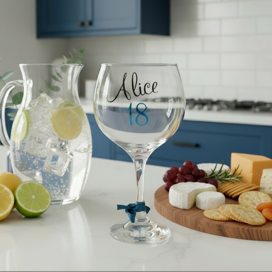 Clear glass with 'Alice 18' text on a kitchen counter with a pitcher and lemons.