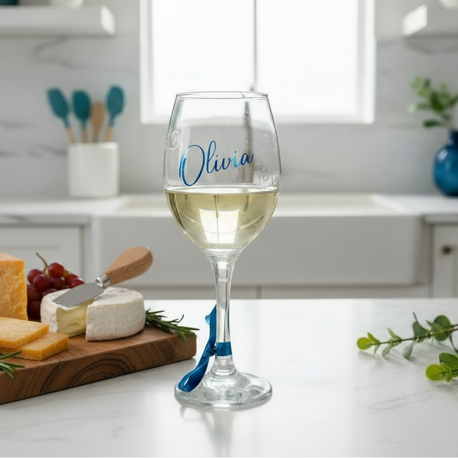 Wine glass with 'Olivia' vinyl on a kitchen counter with cheese and grapes.