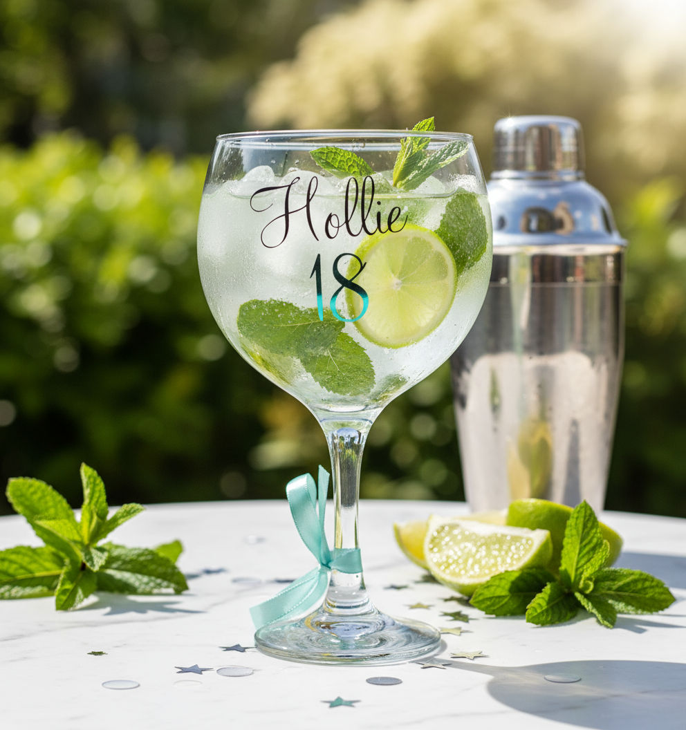Gin glass with lime and mint garnish, featuring 'Hollie 18', on a table outdoors.