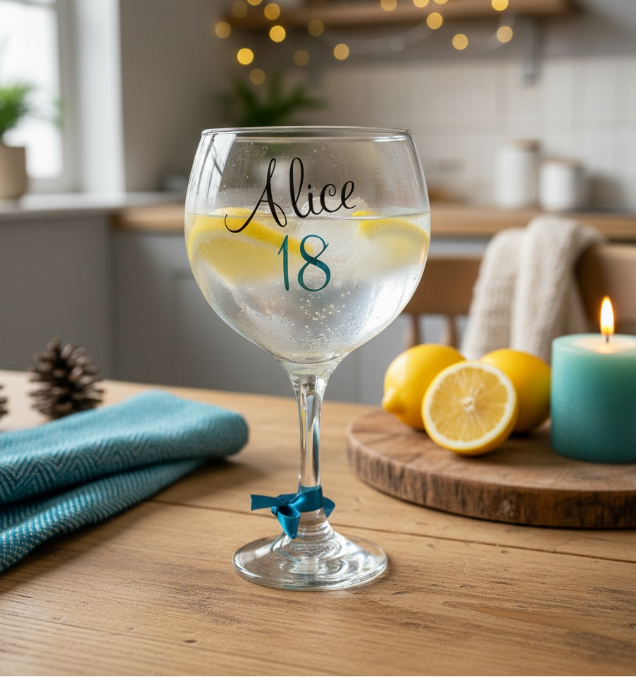 A clear glass with the name 'Alice' sat on a table next to a chopping board with lemons and a candle