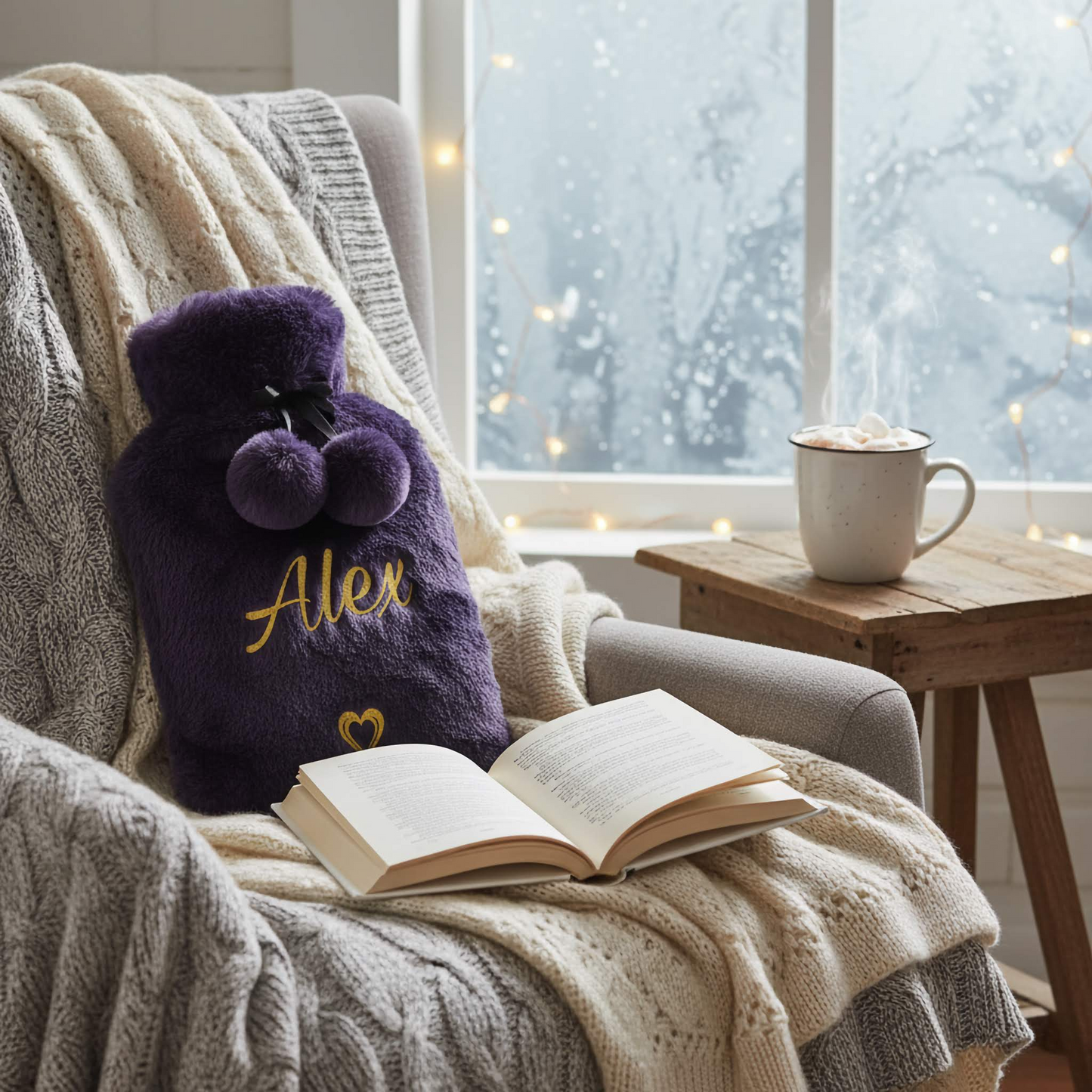A purple hot water bottle cover with pom poms. Sat on a chair with blankets & book next to a table with a hot drink