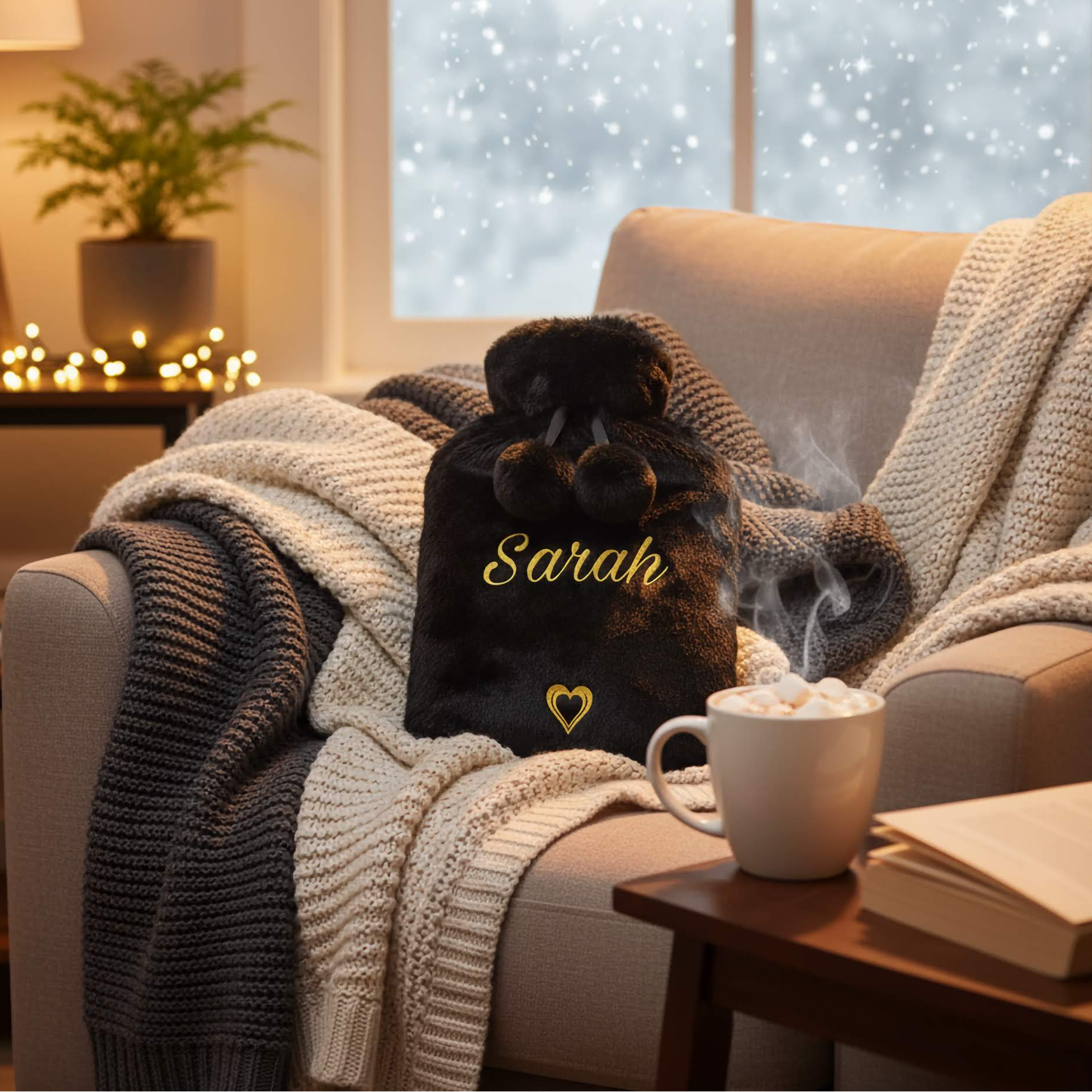A faux fur hot water bottle laid on blankets on a chair next to a table with a hot drink & book