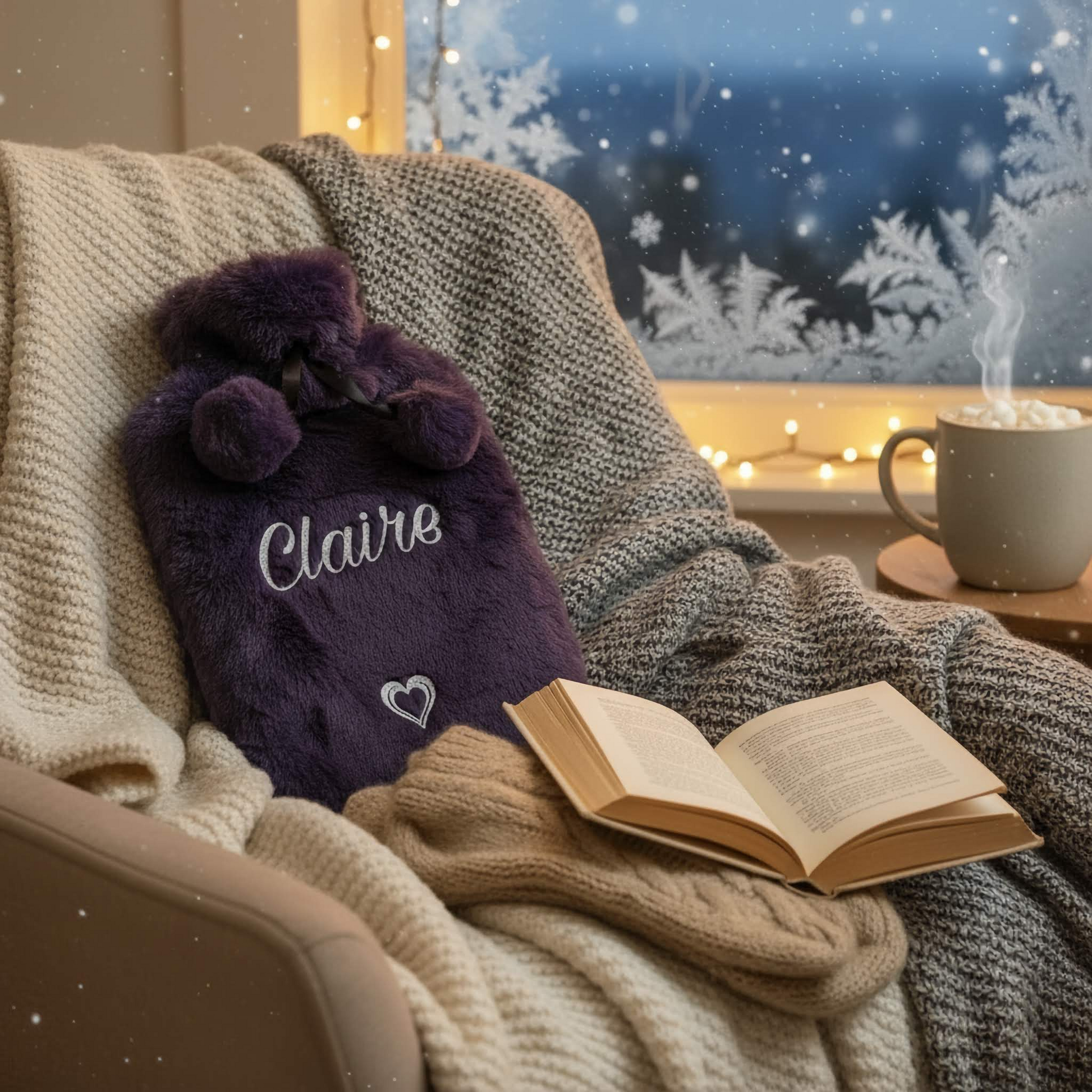A purple faux fur hot water bottle. Sat on a chair with blankets & book next to a table with a hot drink