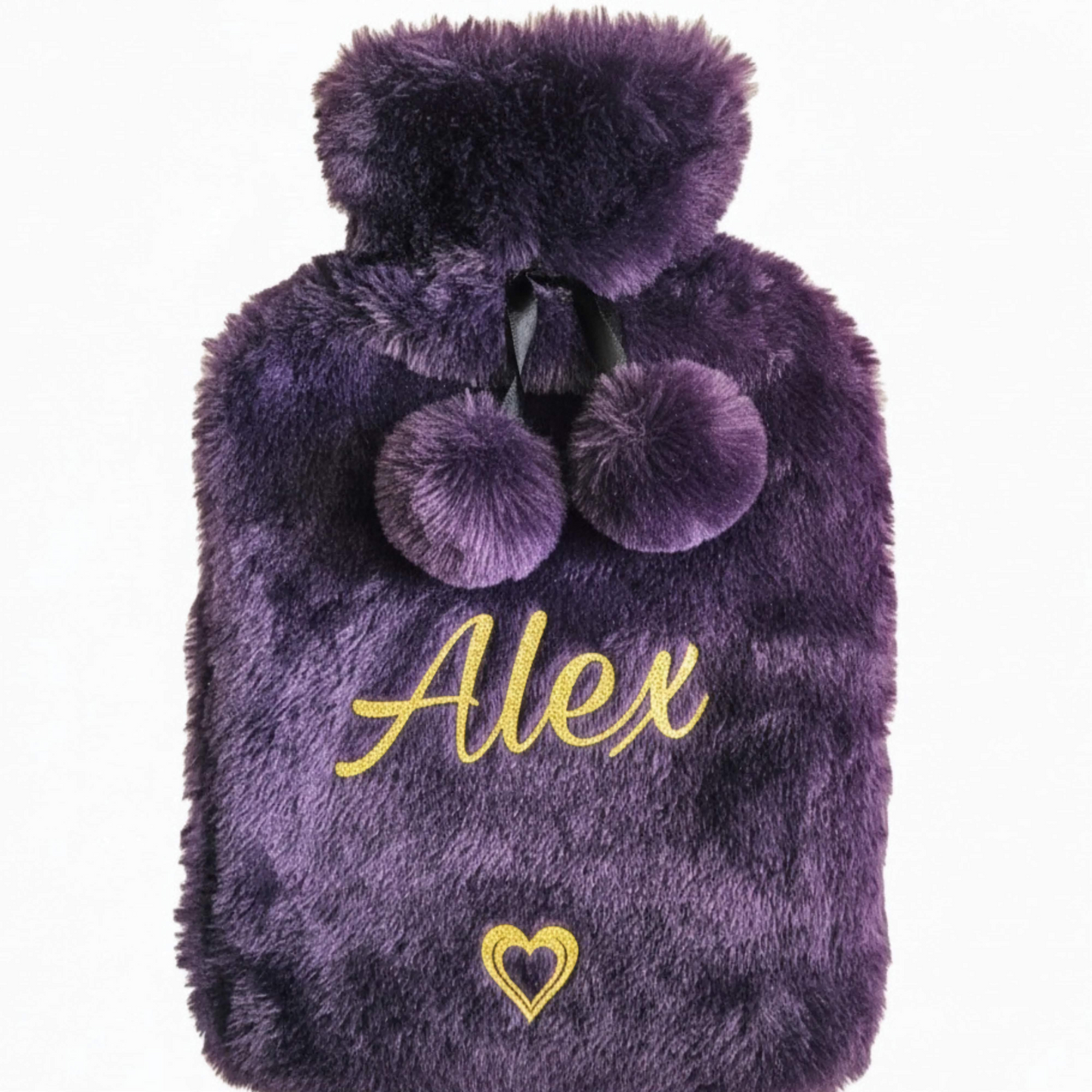 Purple fluffy hot water bottle with pom-poms and 'Alex' in a glitter vinyl on a white background