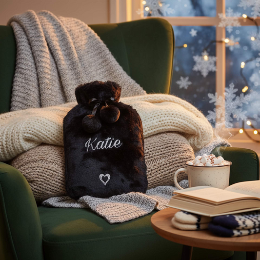A black hot water bottle cover with pom poms. Sat on a chair  with blankets next to a table with a hot drink & book