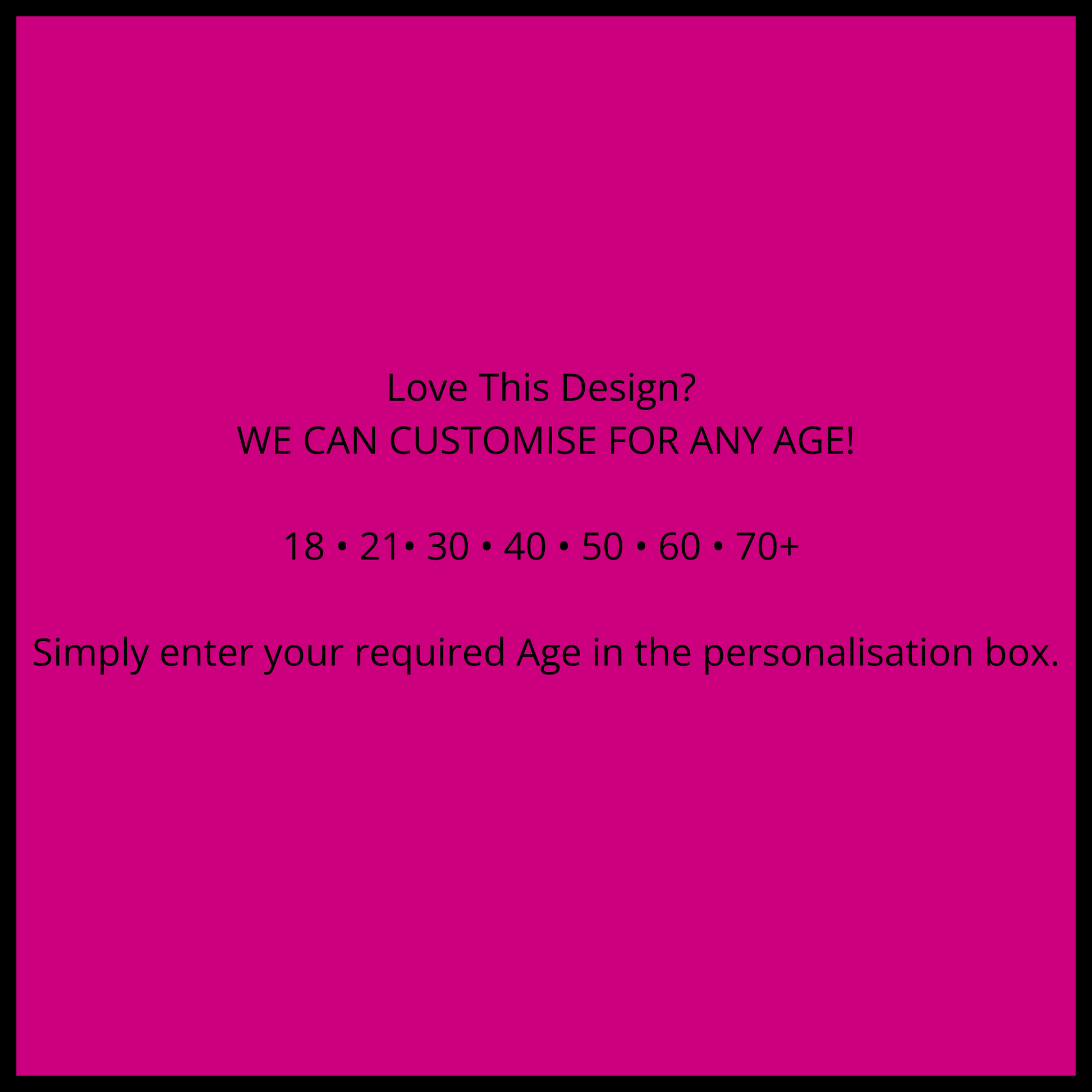 Graphic stating we can customise this birthday milestone gift for any age including 18th, 21st, 30th, 40th, 50th, 60th, and 70th birthday. Black text on a pink background.
