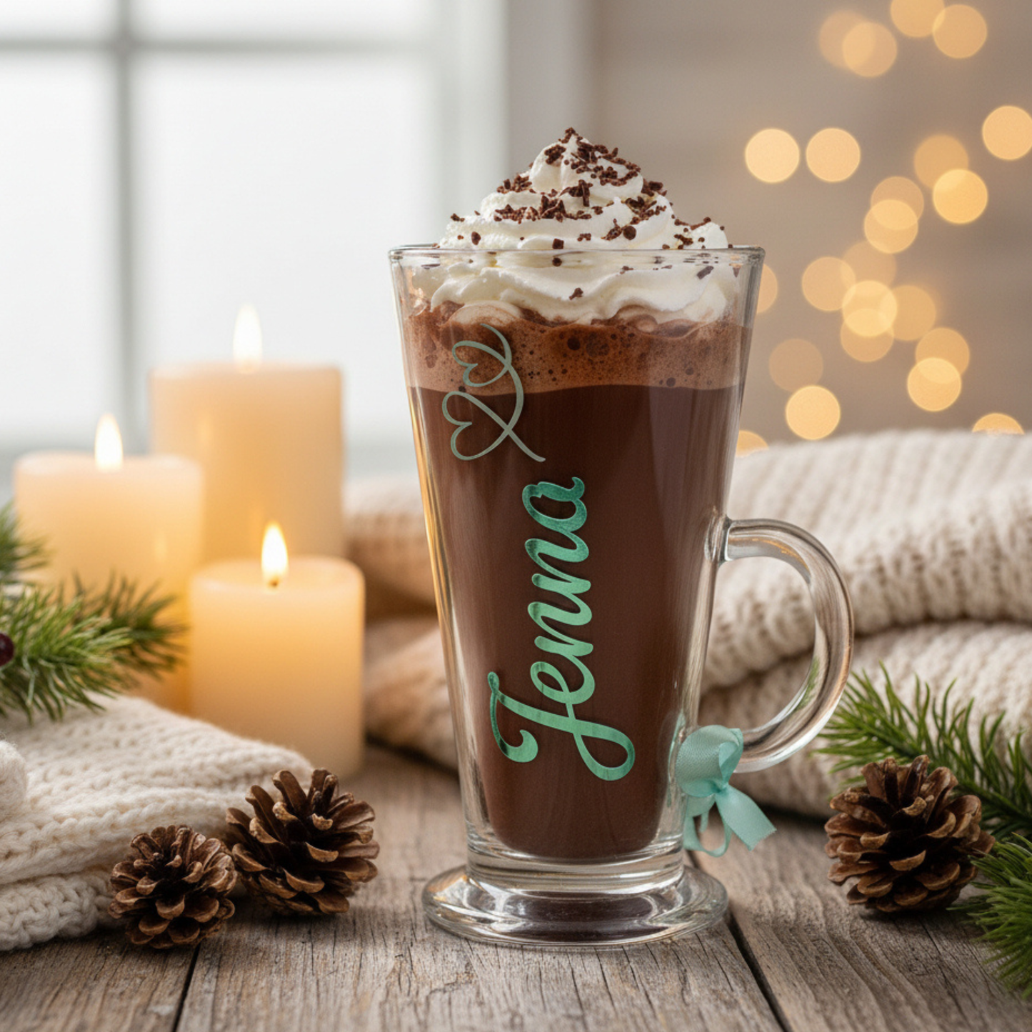 Hot chocolate in a glass with whipped cream, surrounded by candles and pinecones on a wooden surface.