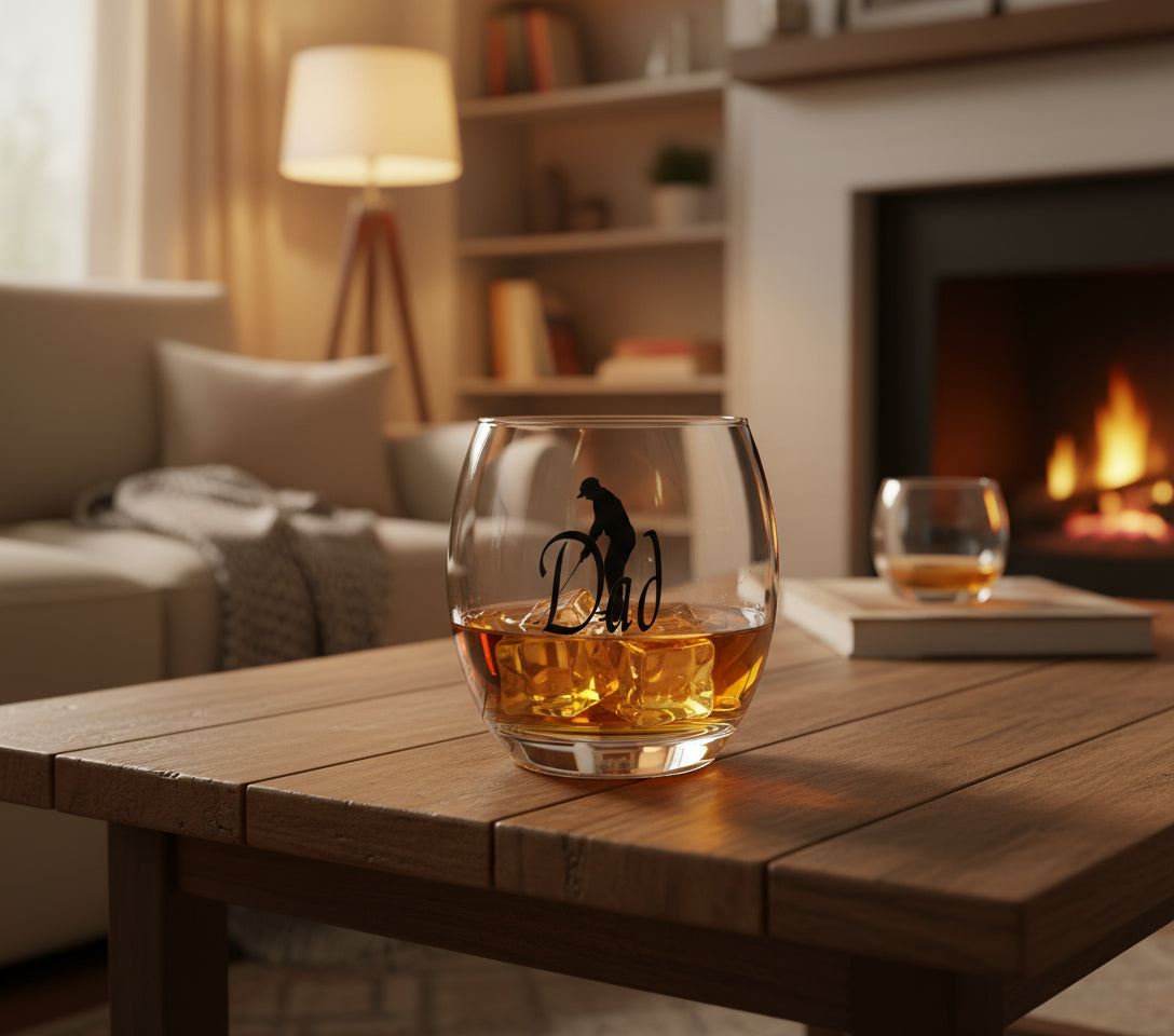 Clear glass with 'Dad' and golfer graphic on a white background