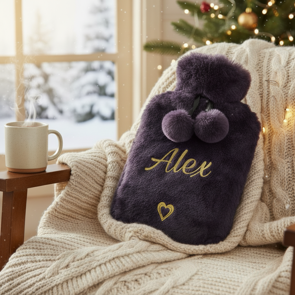 Purple fluffy hot water bottle with pom-poms and 'Alex' in a gold glitter on a festive background