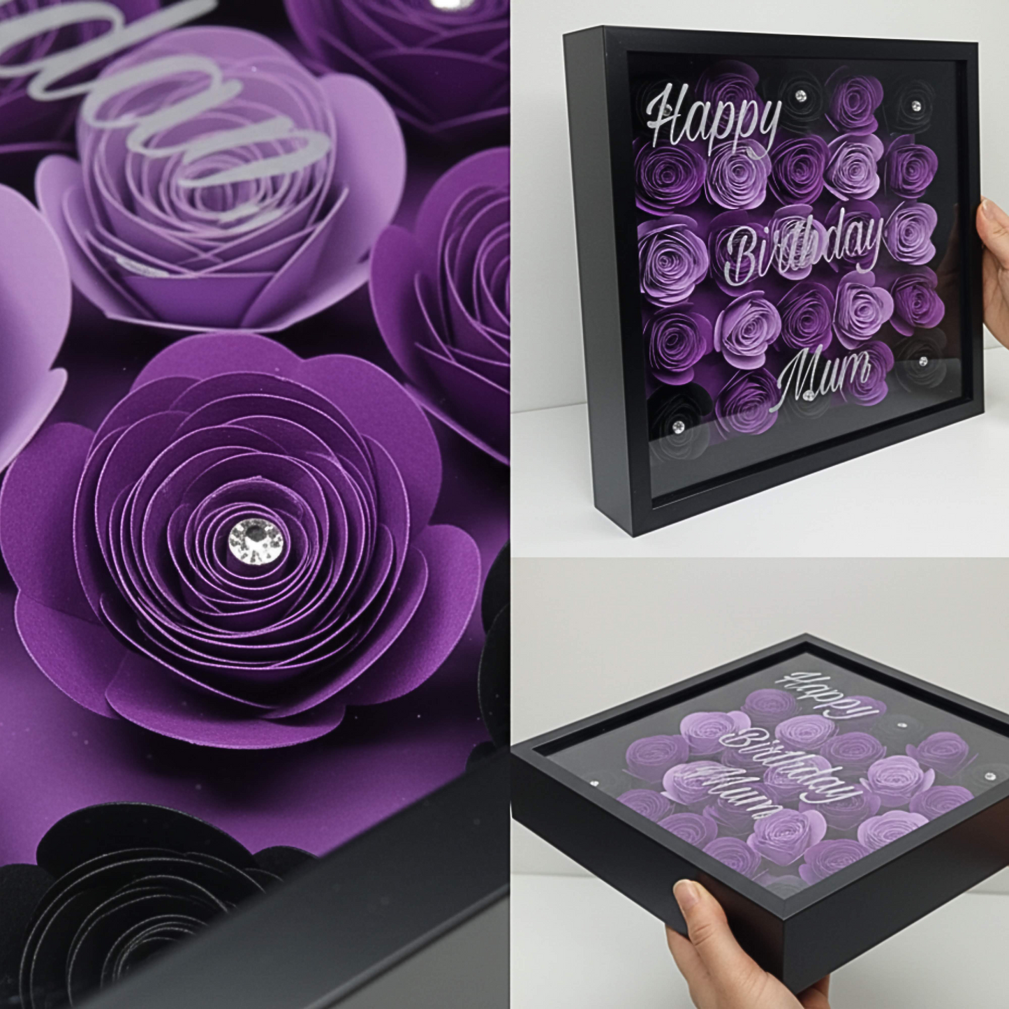 Angle shots of a shadow box with purple & black flowers with the text 'Happy Birthday Mum' on a glass frame