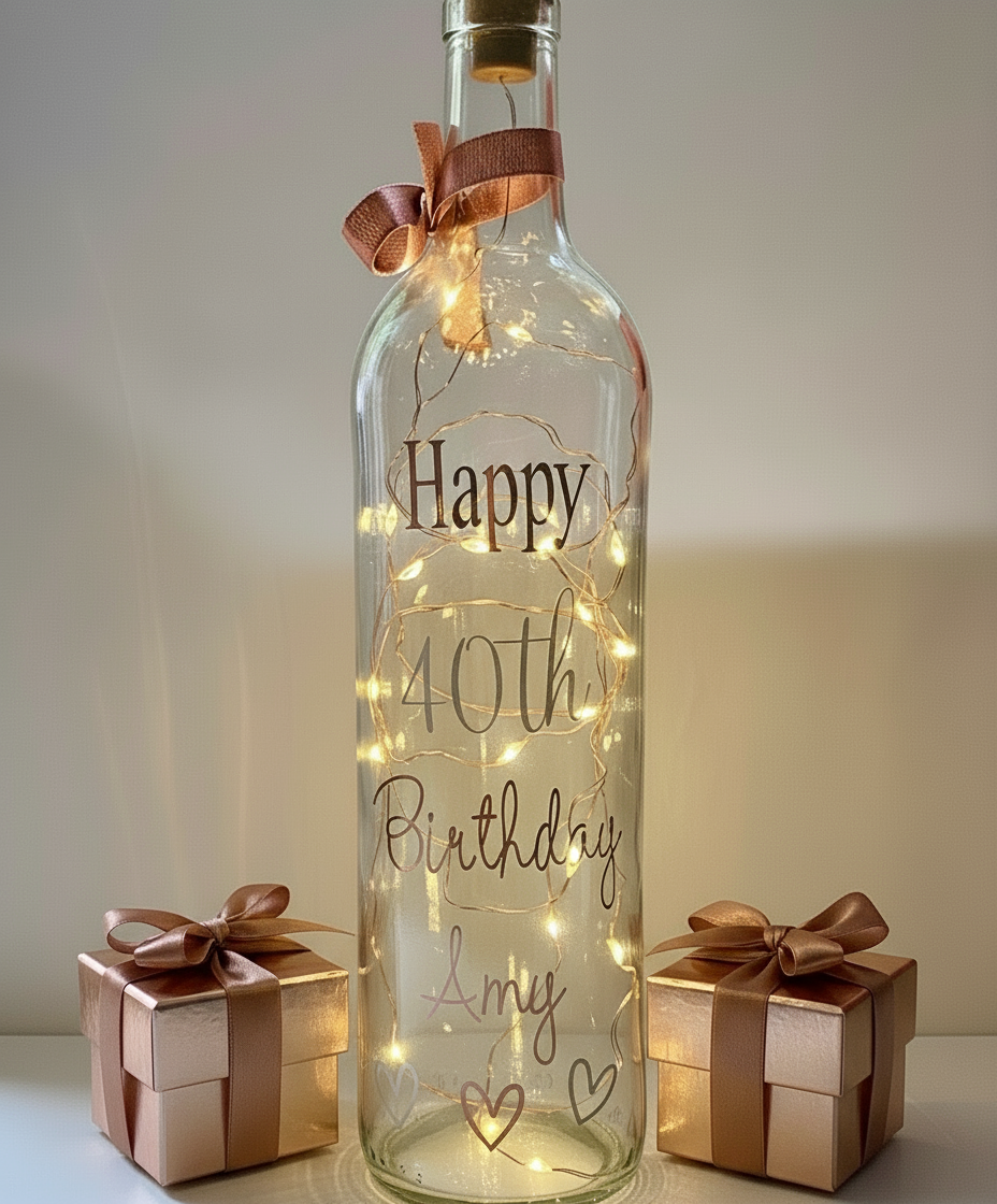 Decorative bottle with 'Happy 40th Birthday' text and fairy lights on a neutral background