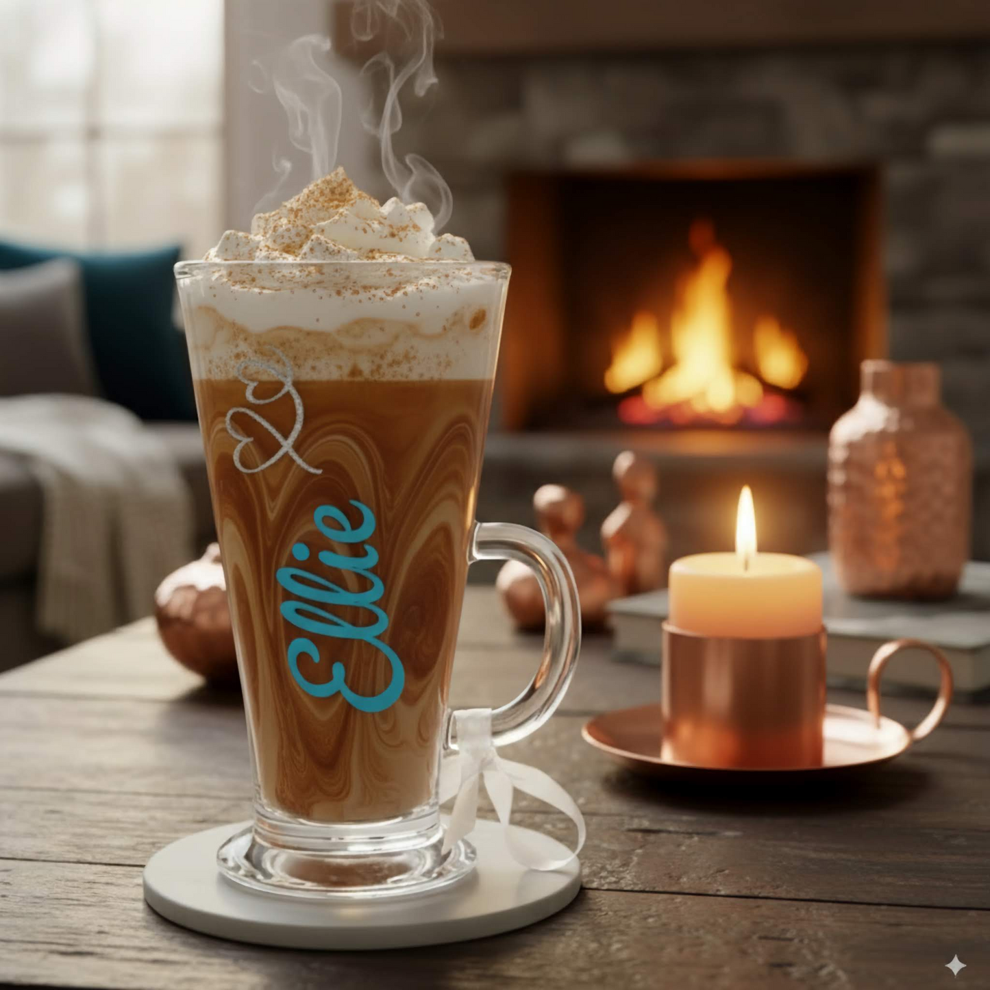 A glass mug filled with spiced latte & the name 'Ellie' next to a cosy candle & fire background