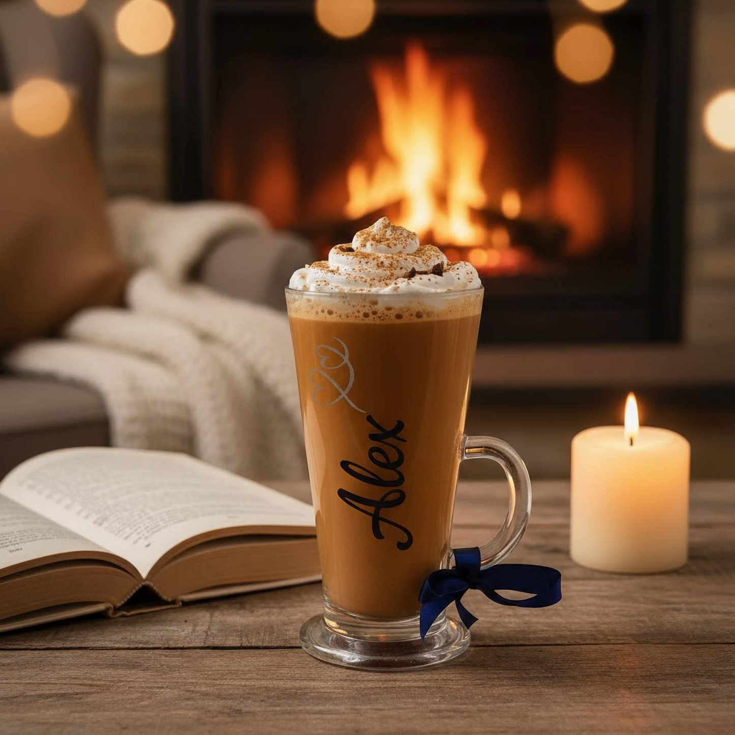 A clear glass filled with a spiced latte with whipped cream top. Sat on a table next to a book & candle in front of a cosy fire