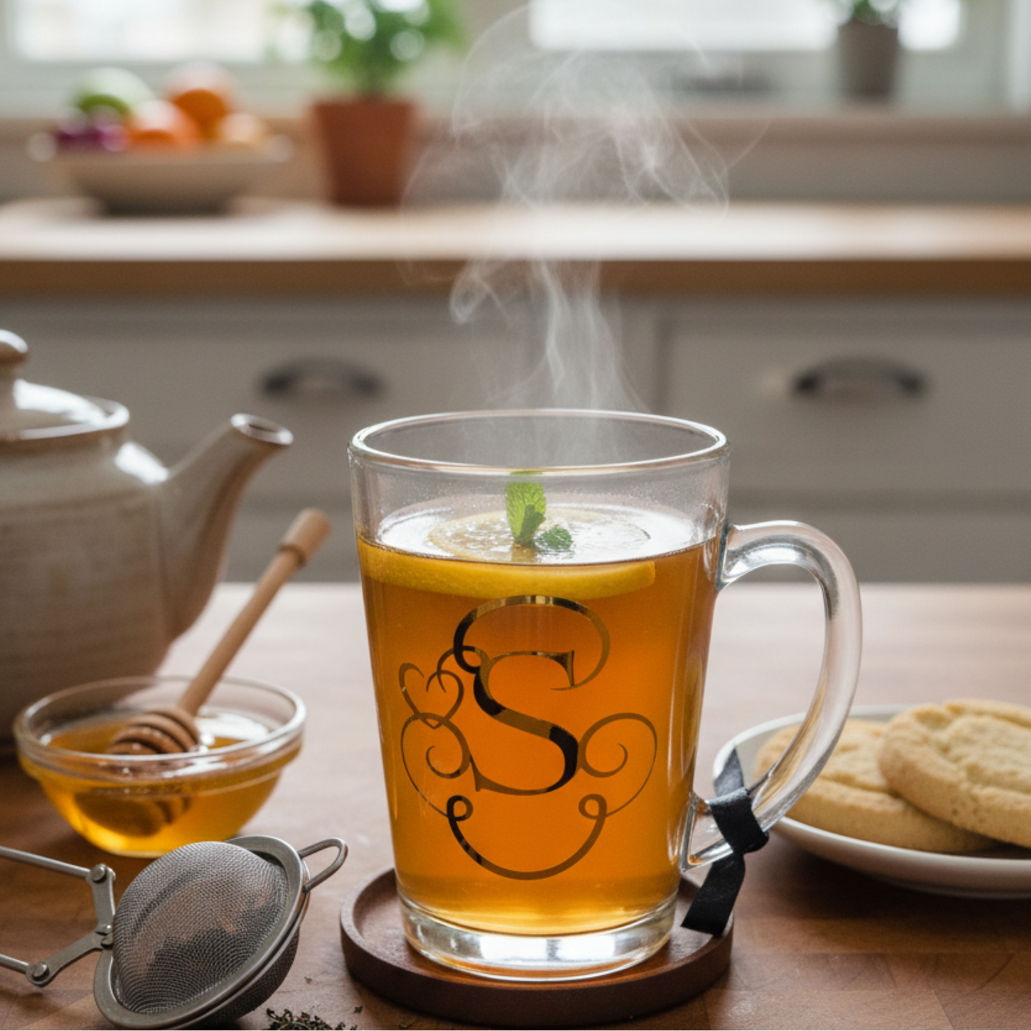 Steaming mug of tea with a decorative 'S' on a wooden table with kitchen items.