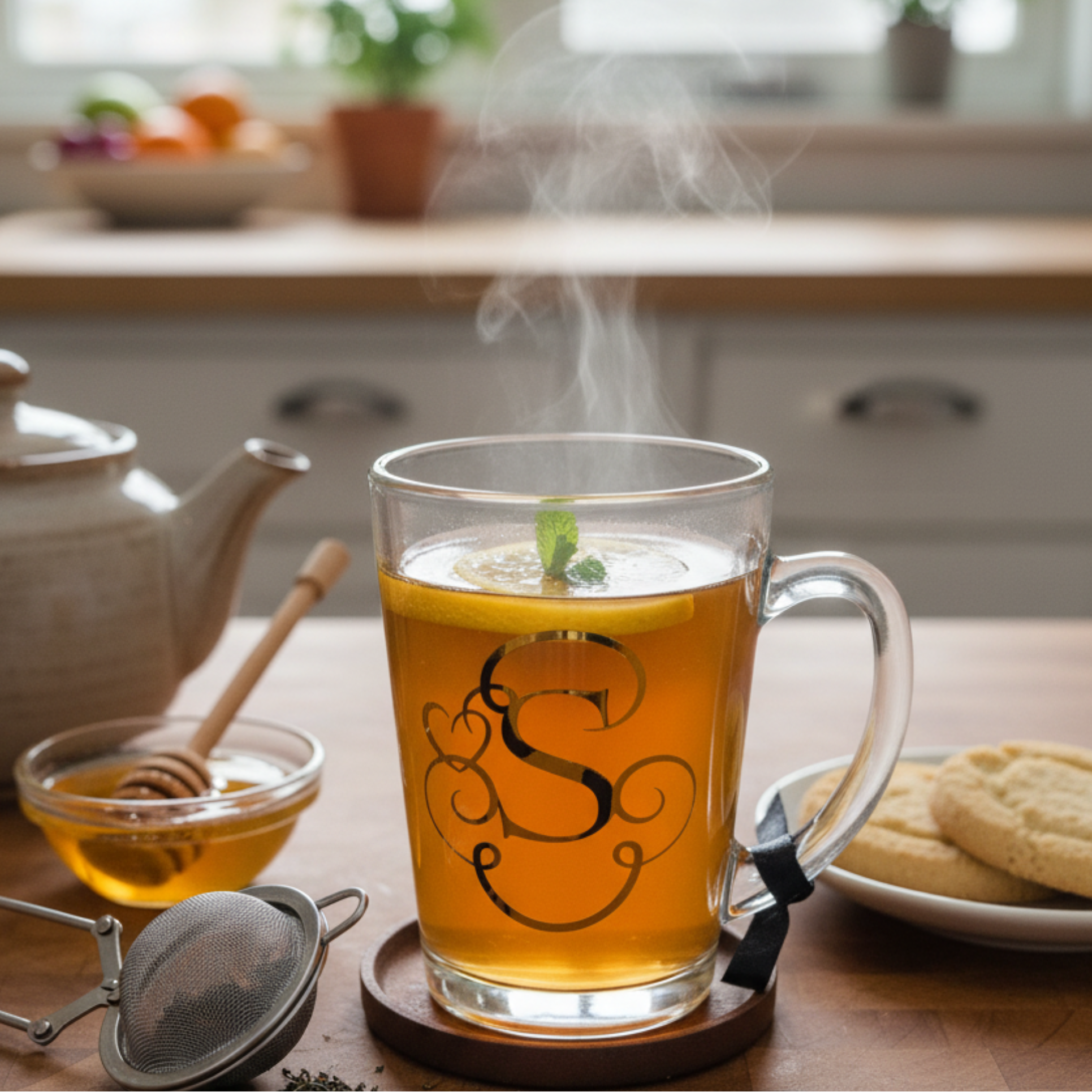 Steaming mug of tea with a decorative 'S' on a wooden table with kitchen items.