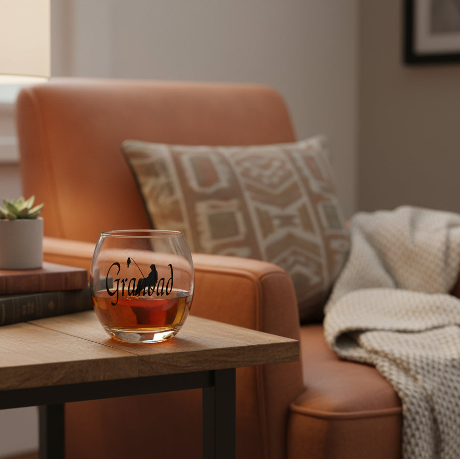 Glass of whiskey with 'Grandad' on a wooden table in a cozy living room.