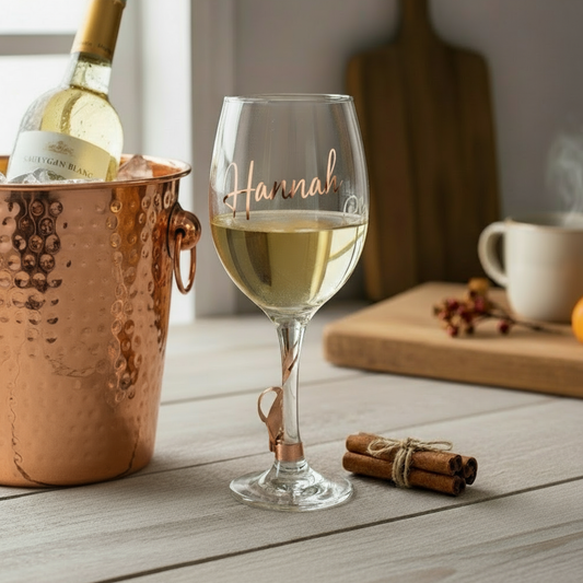 Wine glass with 'Hannah' engraving next to a bottle of wine in a copper cooler on a wooden table.