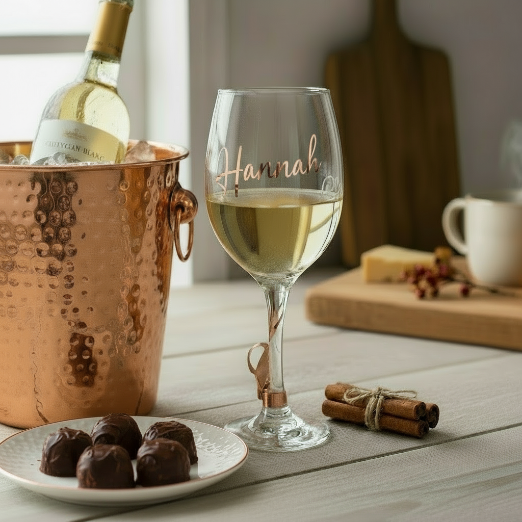 Wine glass with 'Hannah' text, bottle of wine, and cinnamon sticks on a wooden surface.