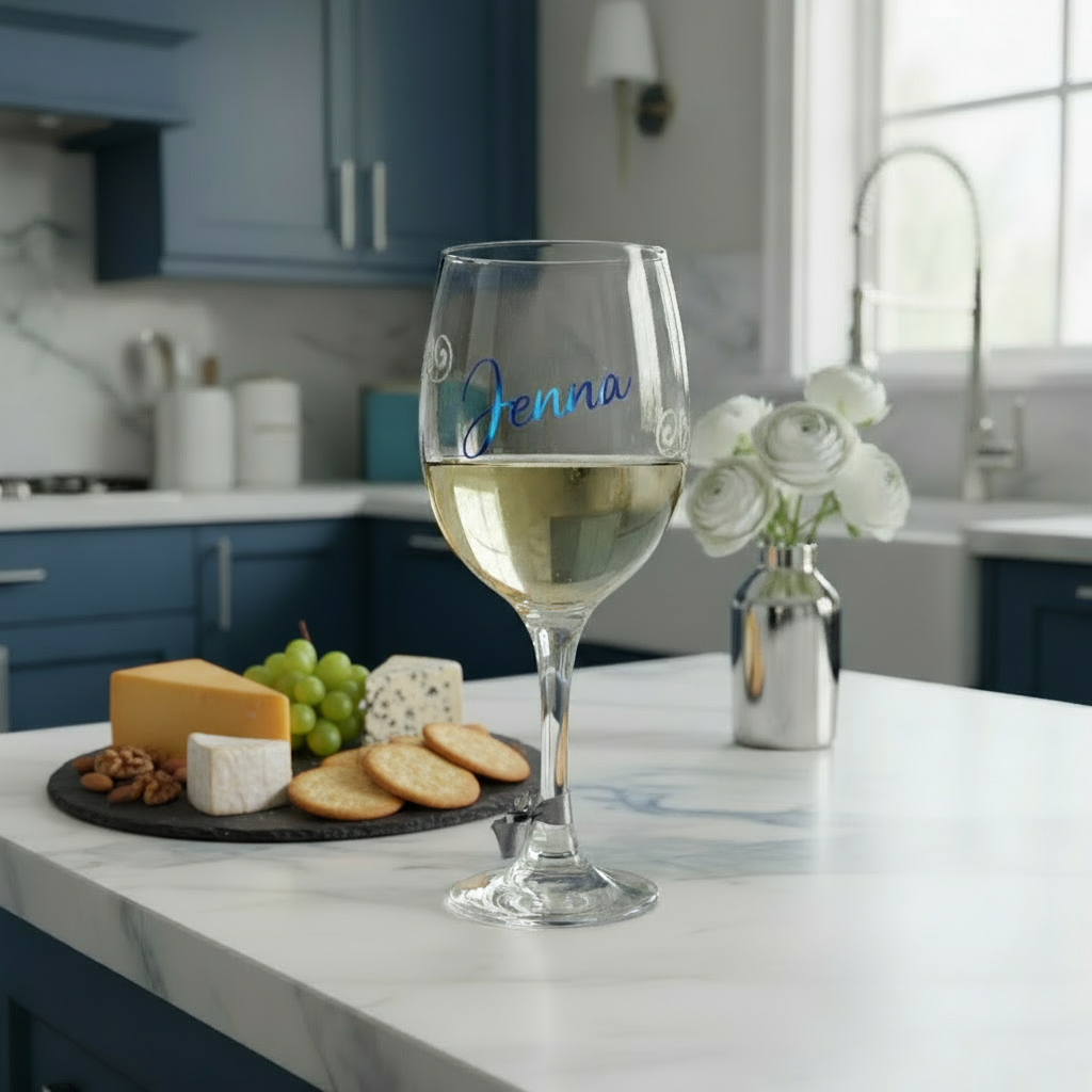 Wine glass with 'Jenna' on a kitchen counter